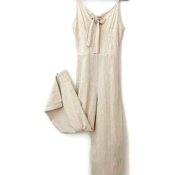 Japna Beige Linen Pinstripe Romper Jumpsuit Adjustable Straps Wide Leg size M - Picture 1 of 6